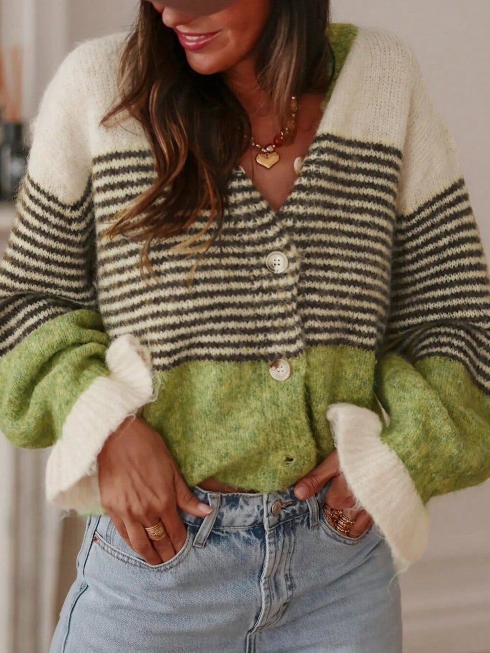 Green Casual Women's Striped Knit Button Front Cardigan With Ruffle Hem